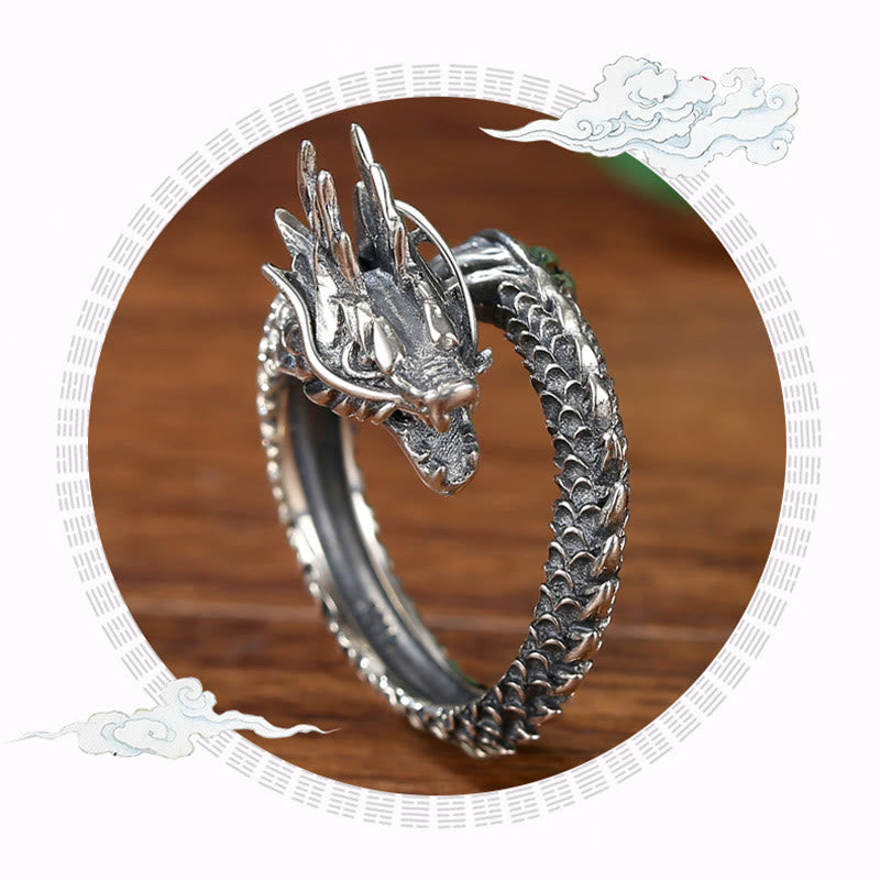 Bague réglable en argent sterling 925 avec protection contre le succès du dragon