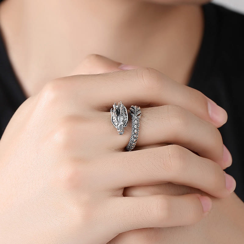 Bague réglable en argent sterling 925 avec protection contre le succès du dragon