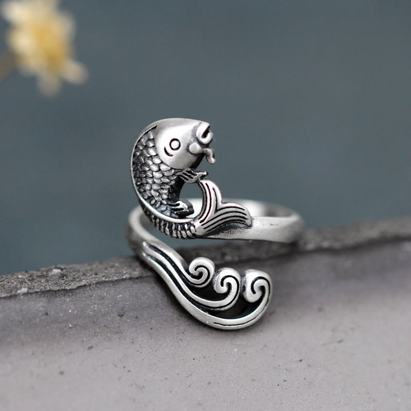 Bague réglable en argent sterling 925 avec motif de poisson koï et porte-bonheur