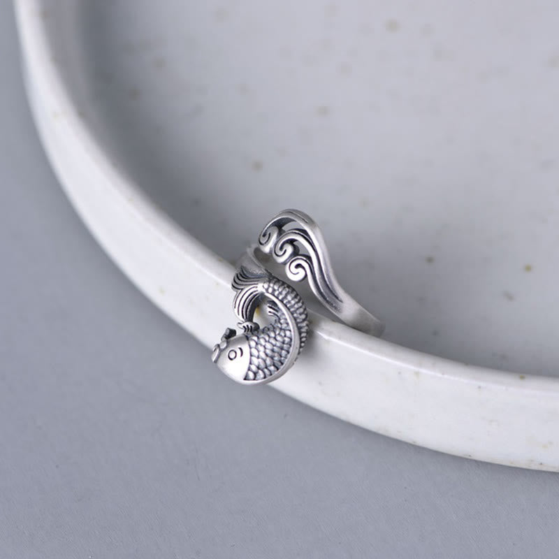 Bague réglable en argent sterling 925 avec motif de poisson koï et porte-bonheur