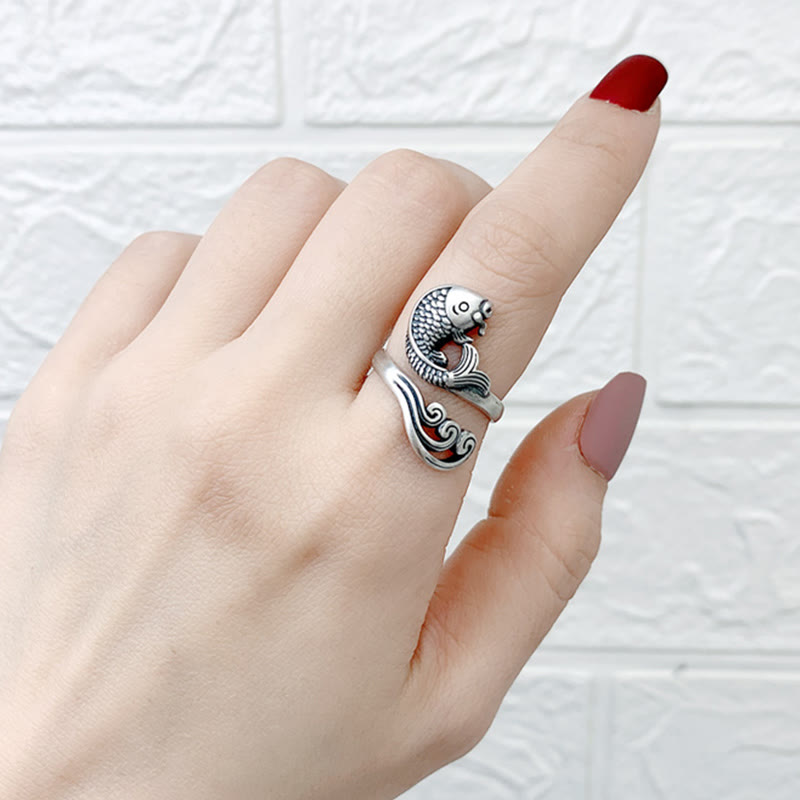 Bague réglable en argent sterling 925 avec motif de poisson koï et porte-bonheur