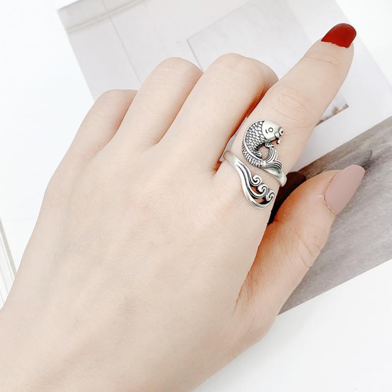 Bague réglable en argent sterling 925 avec motif de poisson koï et porte-bonheur