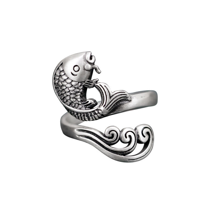 Bague réglable en argent sterling 925 avec motif de poisson koï et porte-bonheur