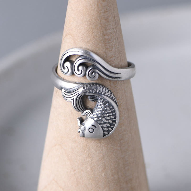 Bague réglable en argent sterling 925 avec motif de poisson koï et porte-bonheur