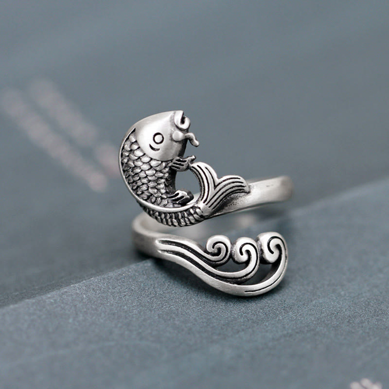 Bague réglable en argent sterling 925 avec motif de poisson koï et porte-bonheur