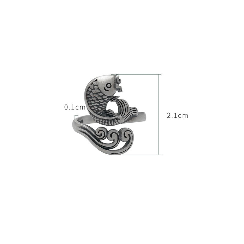 Bague réglable en argent sterling 925 avec motif de poisson koï et porte-bonheur