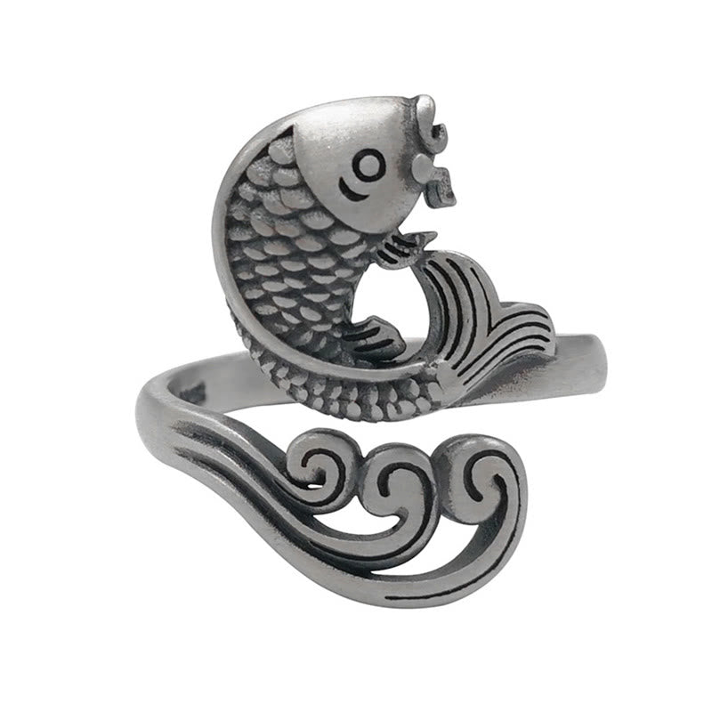 Bague réglable en argent sterling 925 avec motif de poisson koï et porte-bonheur