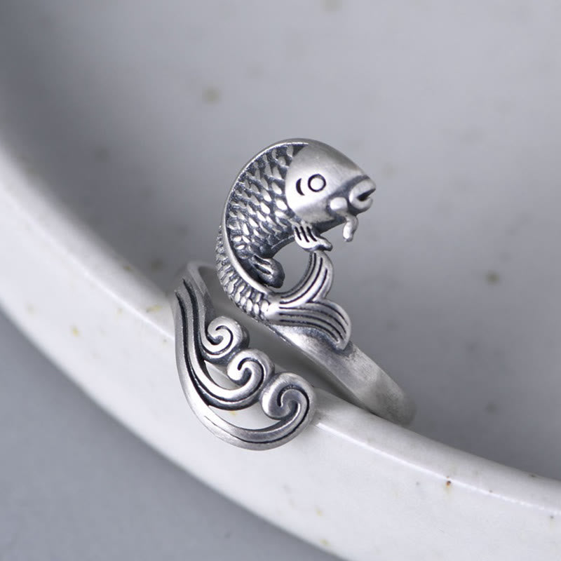 Bague réglable en argent sterling 925 avec motif de poisson koï et porte-bonheur