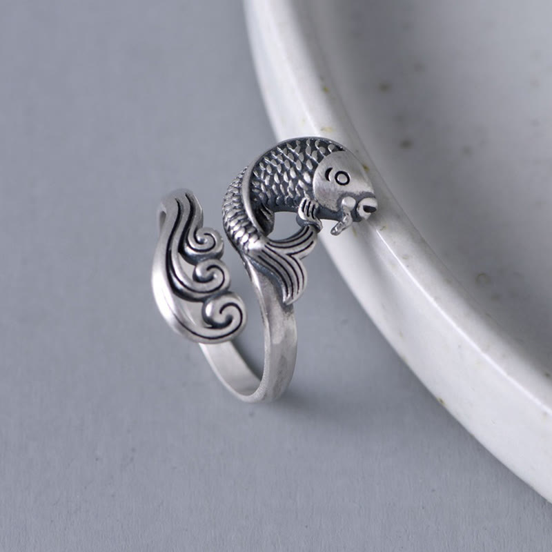 Bague réglable en argent sterling 925 avec motif de poisson koï et porte-bonheur