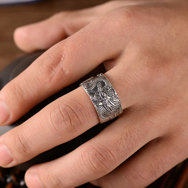Bague réglable en argent sterling 999 avec protection du dragon
