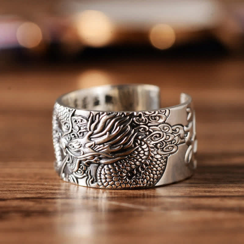Bague réglable en argent sterling 999 avec protection du dragon
