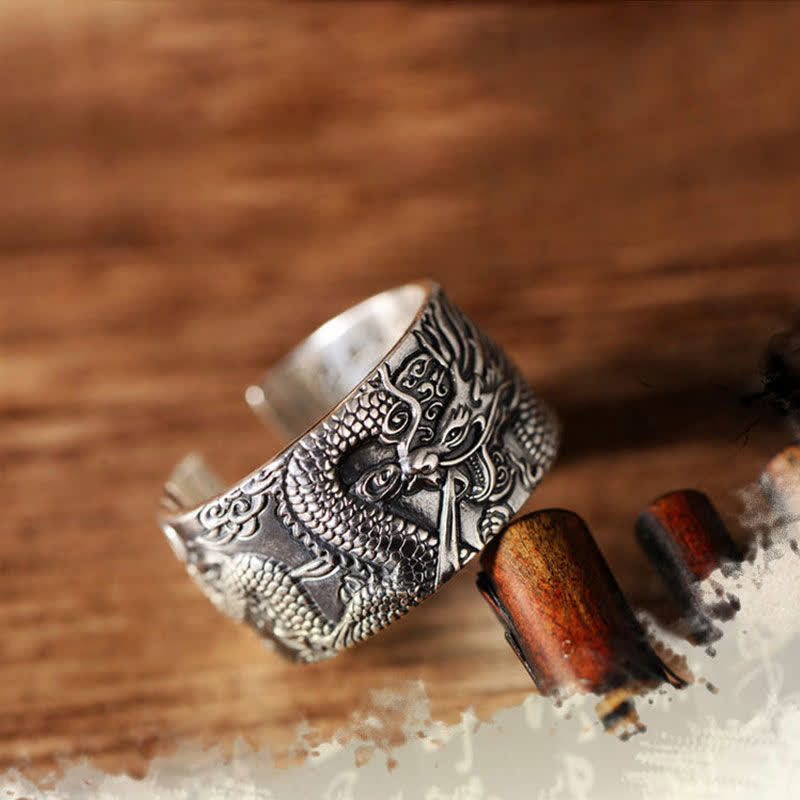 Bague réglable en argent sterling 999 avec protection du dragon