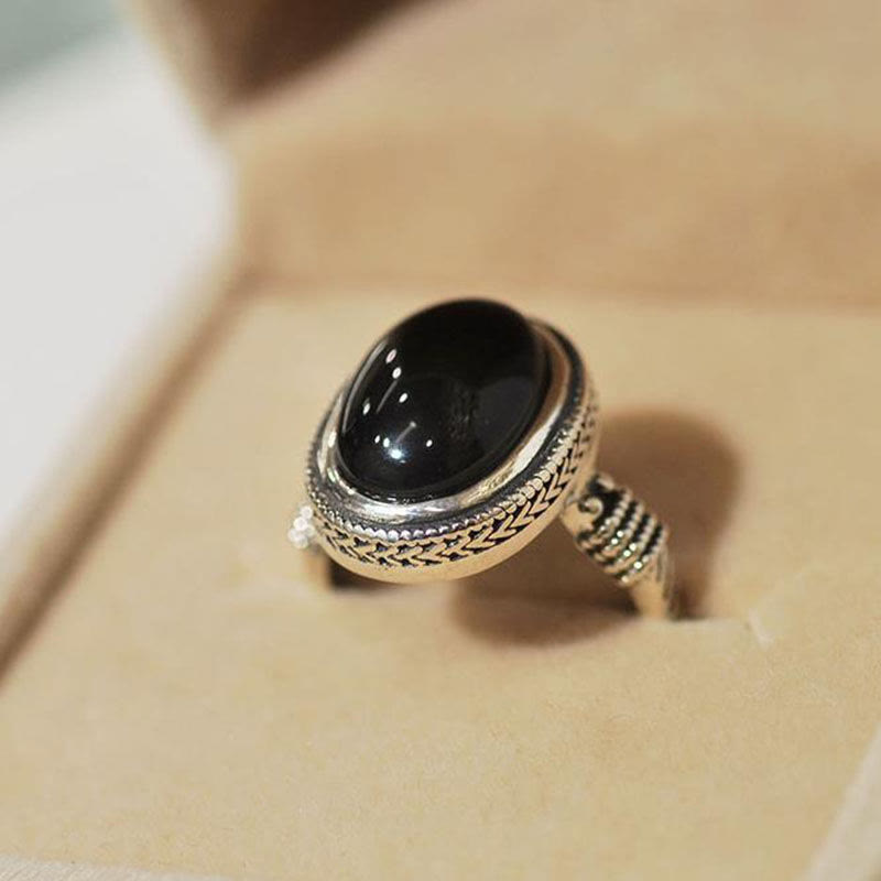 Bague de protection spirituelle réglable en onyx noir pour la force et la fortune