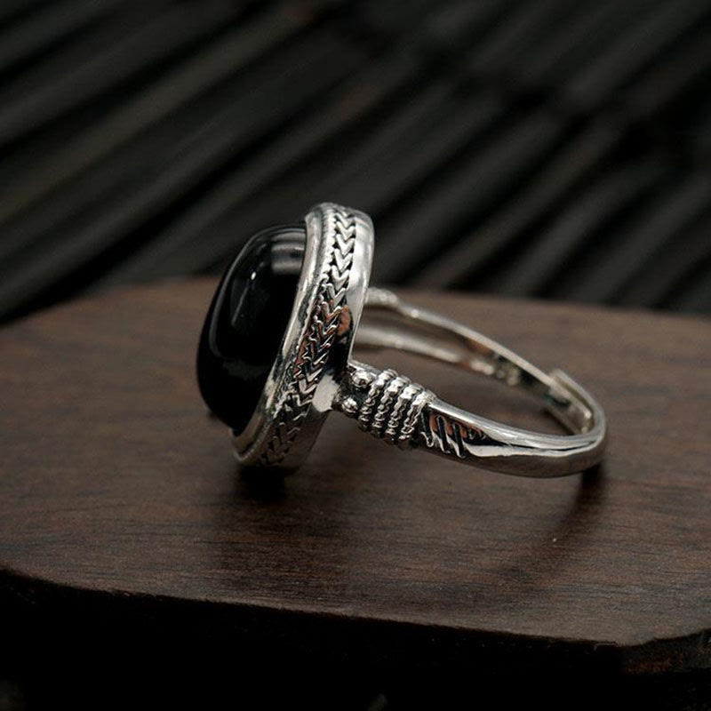 Bague de protection spirituelle réglable en onyx noir pour la force et la fortune