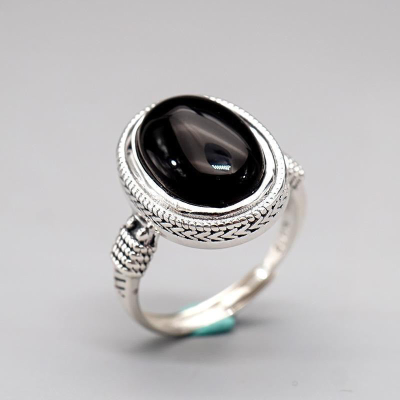 Bague de protection spirituelle réglable en onyx noir pour la force et la fortune