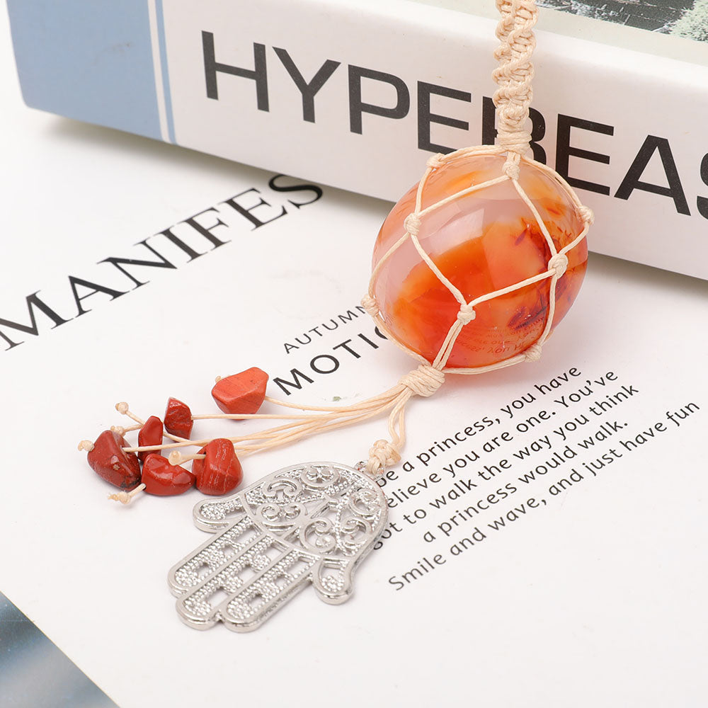 Adjustable Carnelian Hamsa Necklace Wrapped in Straw Rope