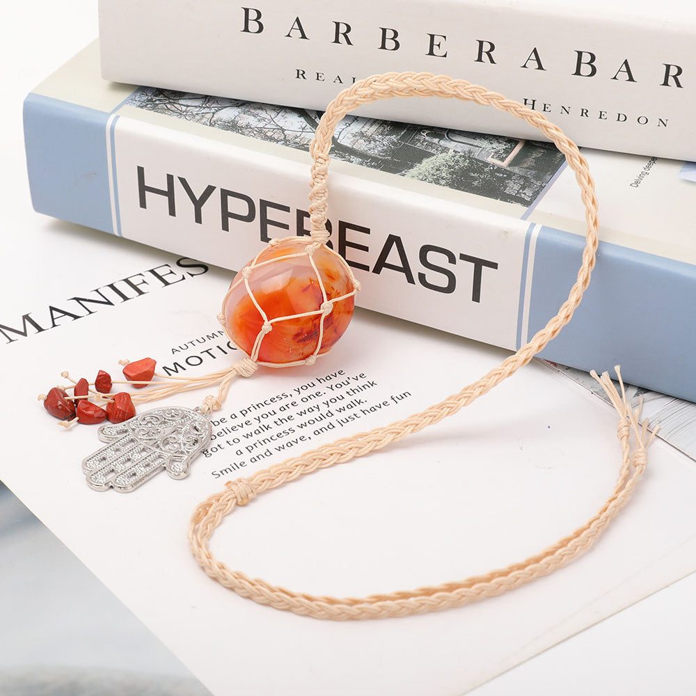 Adjustable Carnelian Hamsa Necklace Wrapped in Straw Rope