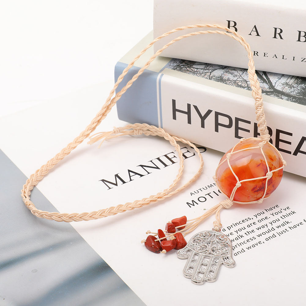 Adjustable Carnelian Hamsa Necklace Wrapped in Straw Rope