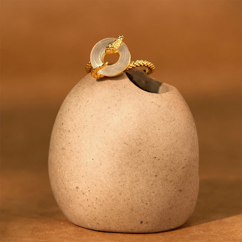 Bague ajustable en argent sterling 925 avec boucle de paix et pierre de calcédoine