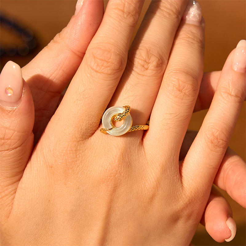Bague ajustable en argent sterling 925 avec boucle de paix et pierre de calcédoine