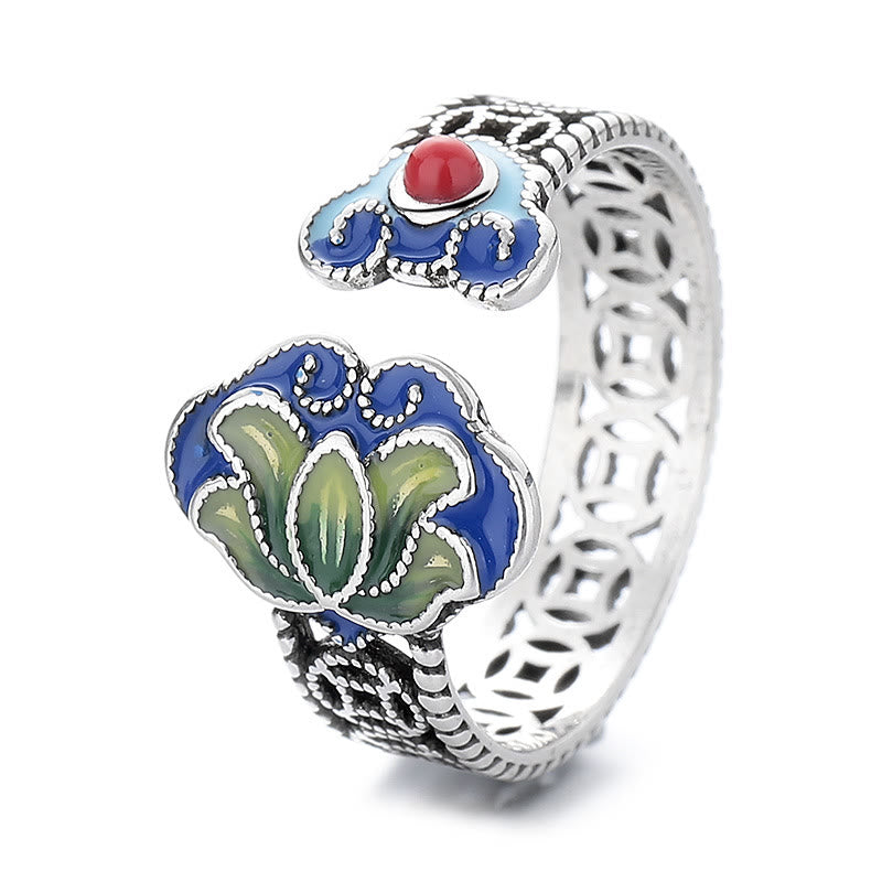 Bague réglable en cuivre avec symbole de fleur de lotus et poignée Ruyi