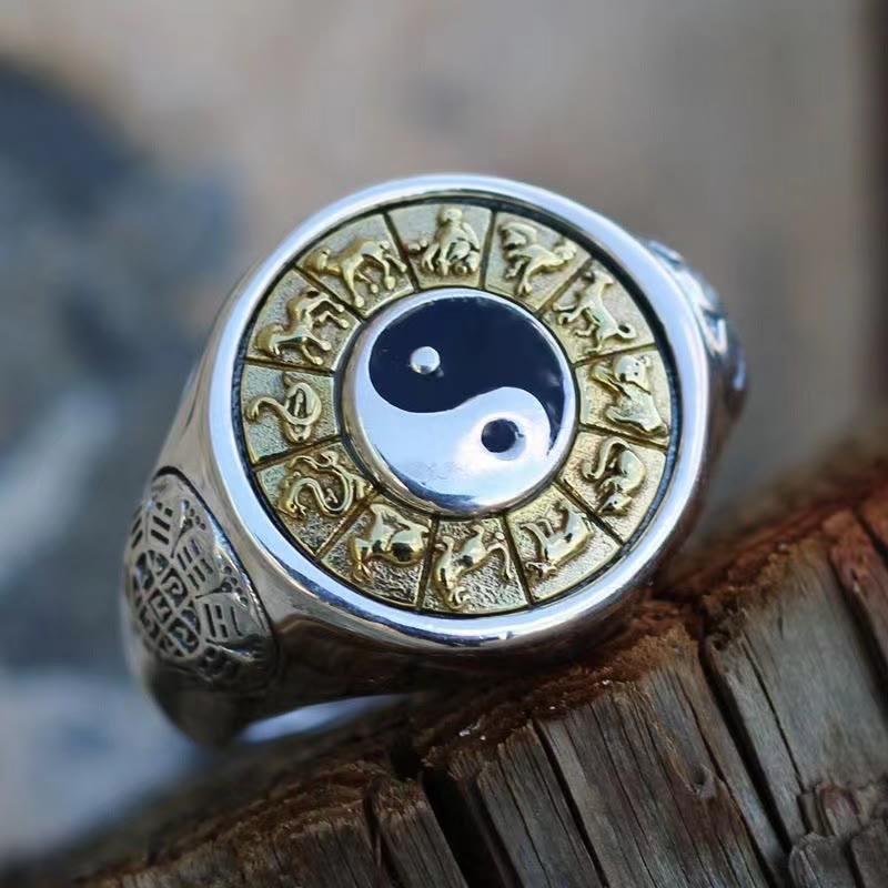 Bague Yin Yang ajustable en cuivre avec signe du zodiaque chinois pour la richesse