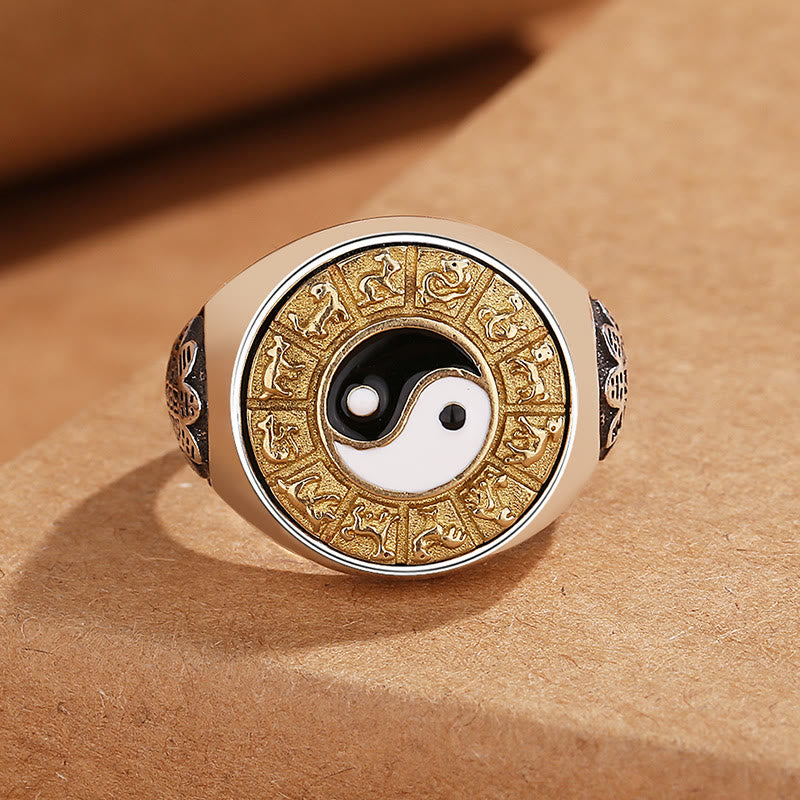 Bague Yin Yang ajustable en cuivre avec signe du zodiaque chinois pour la richesse