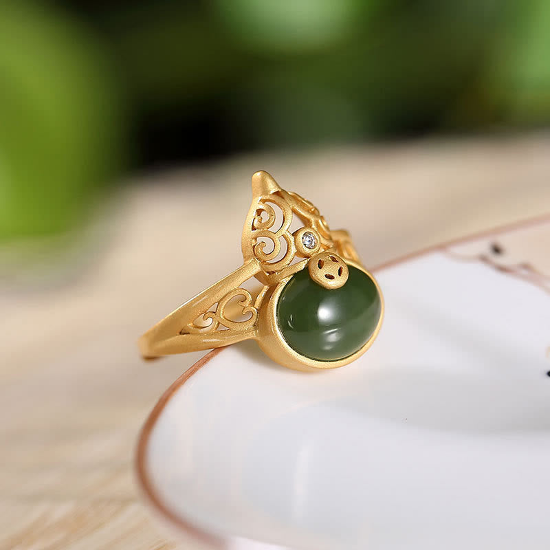 Bague ajustable en jade cyan avec pièce de cuivre et succès et chance