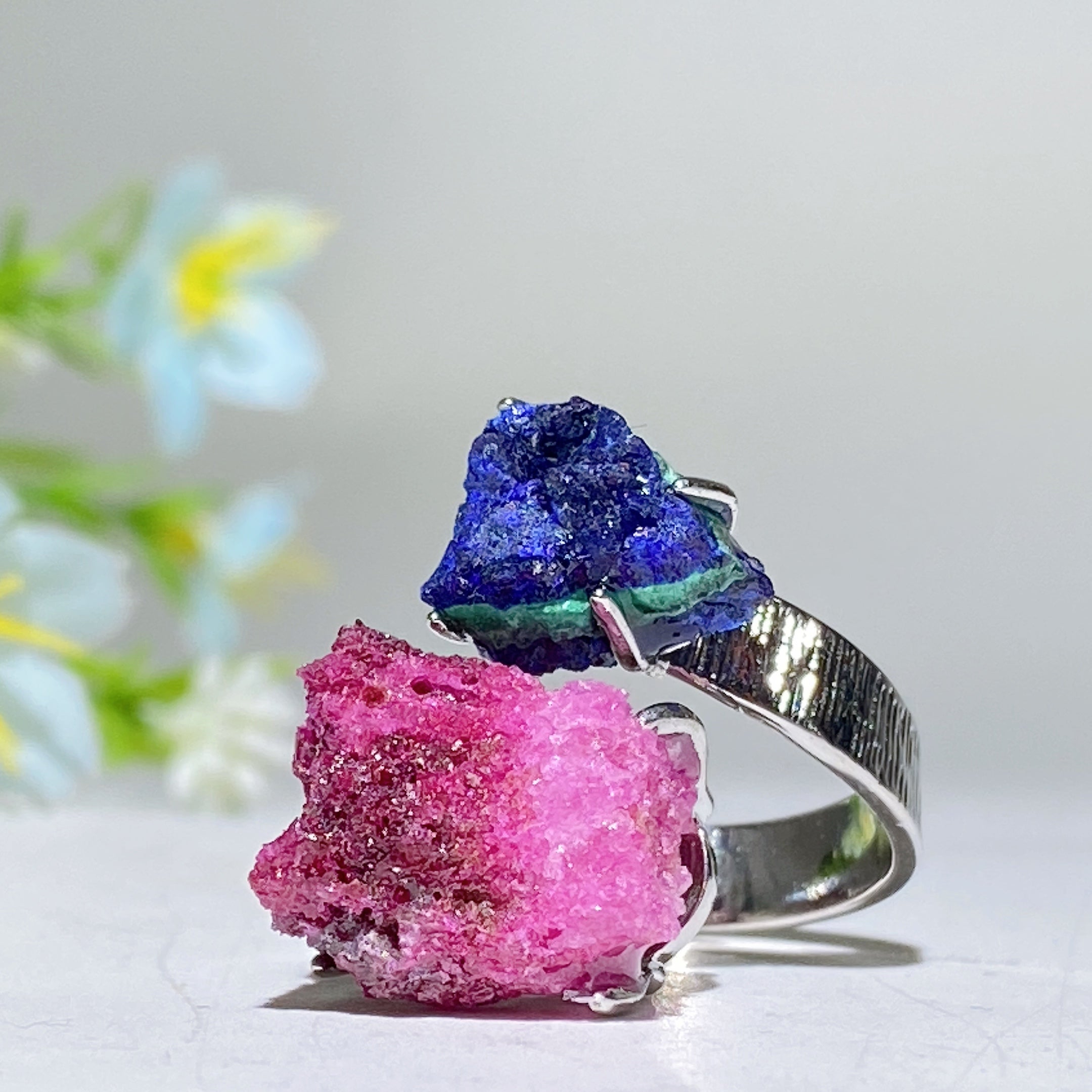 Bague spirituelle réglable en double pierre de cristal brut, énergie de guérison
