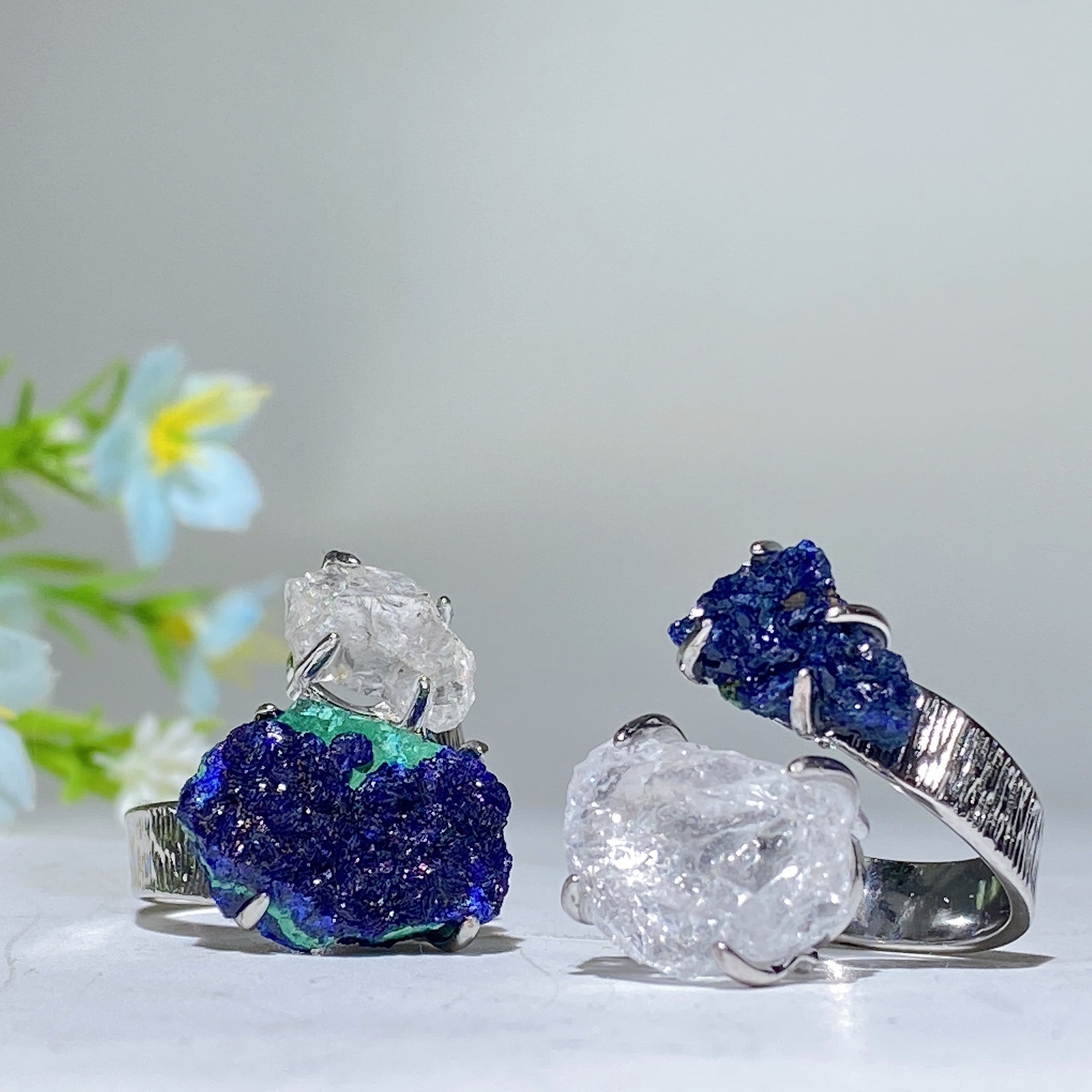 Bague spirituelle réglable en double pierre de cristal brut, énergie de guérison