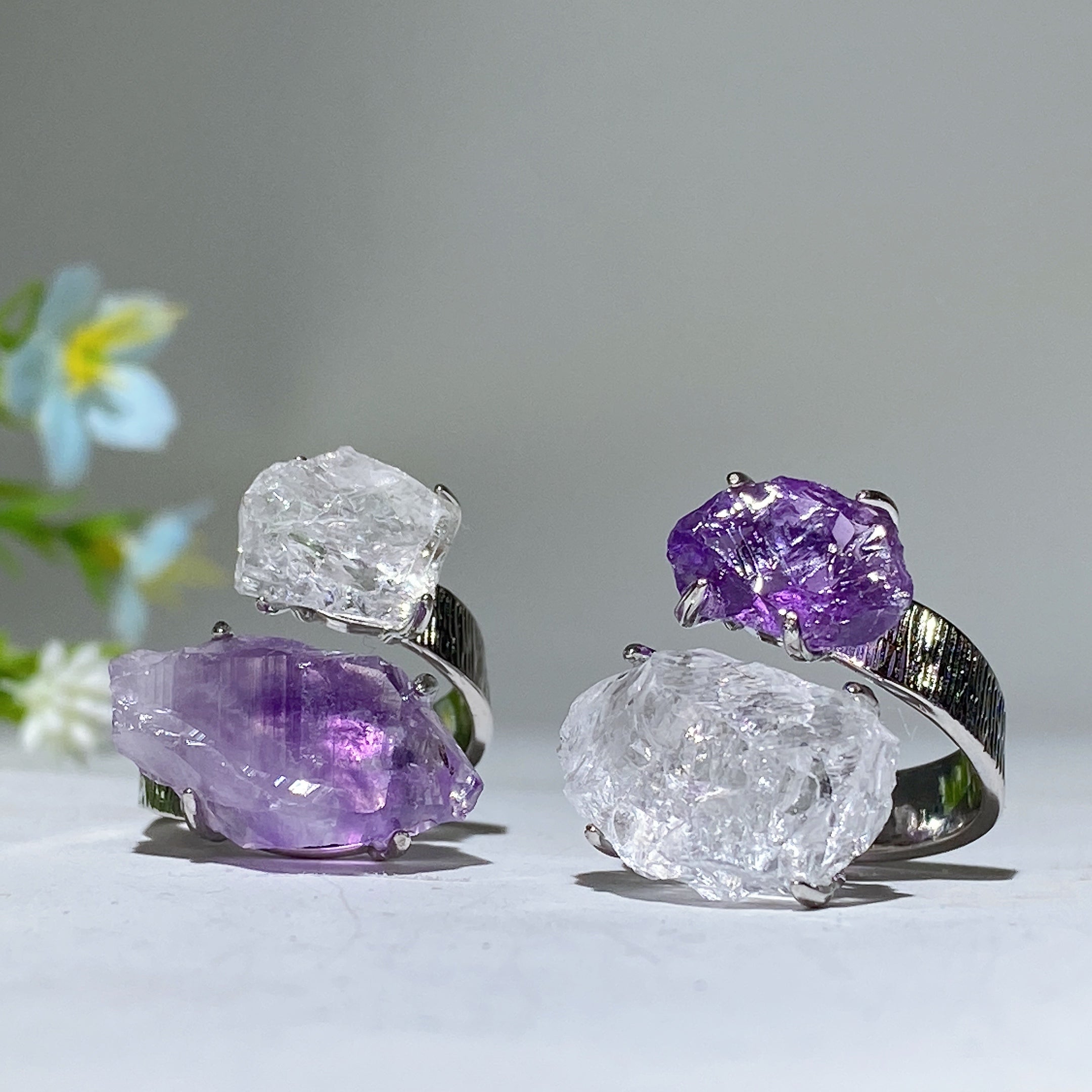 Bague spirituelle réglable en double pierre de cristal brut, énergie de guérison