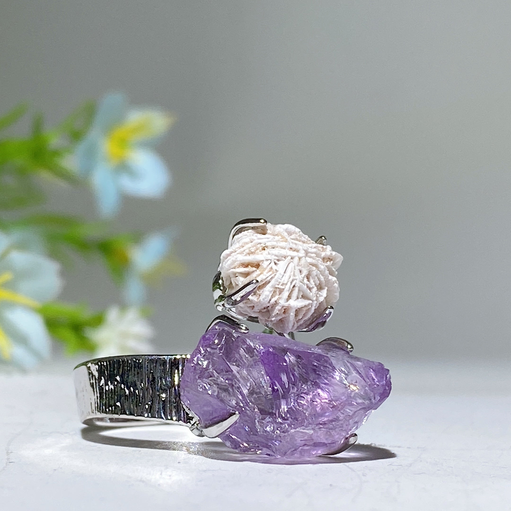 Bague spirituelle réglable en double pierre de cristal brut, énergie de guérison