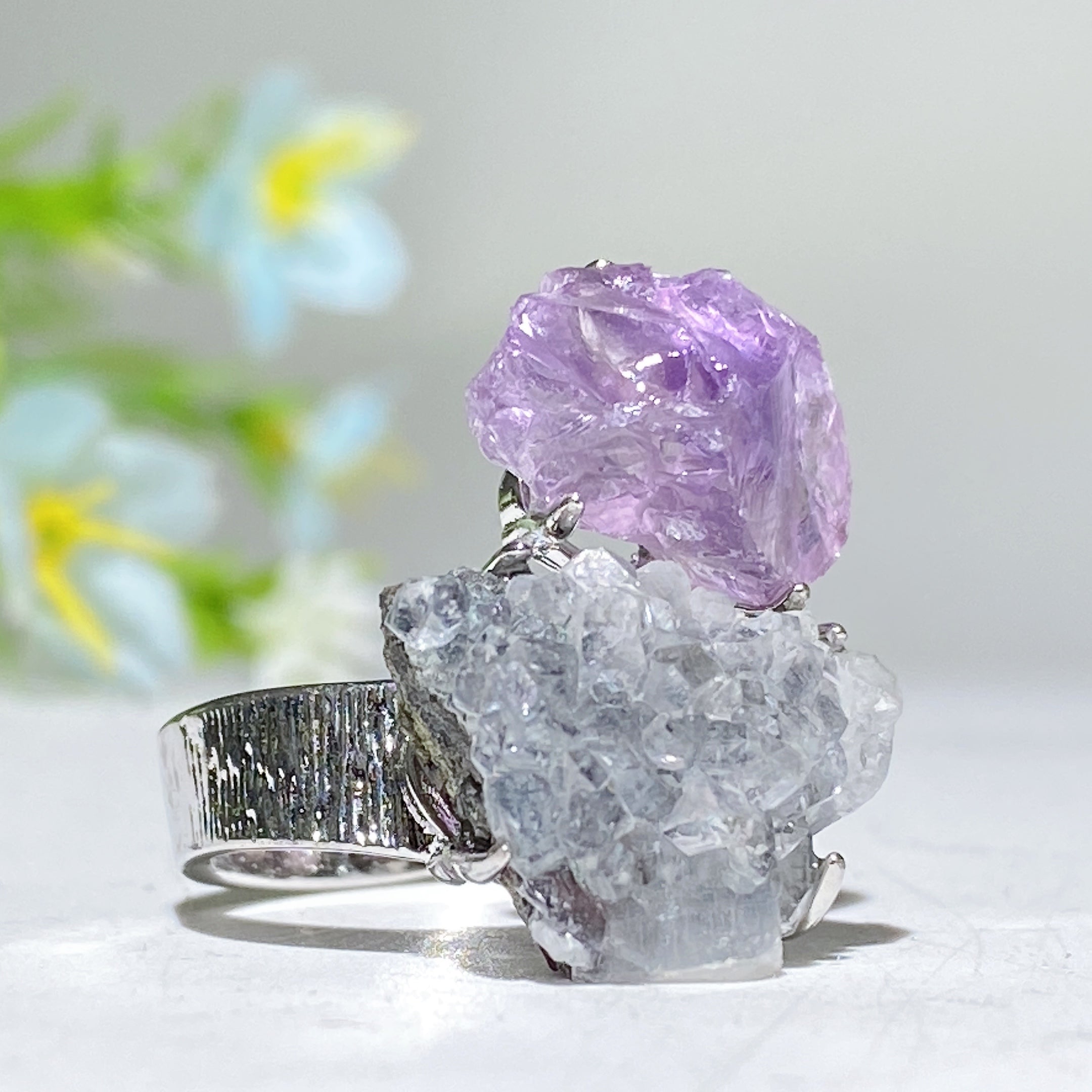 Bague spirituelle réglable en double pierre de cristal brut, énergie de guérison