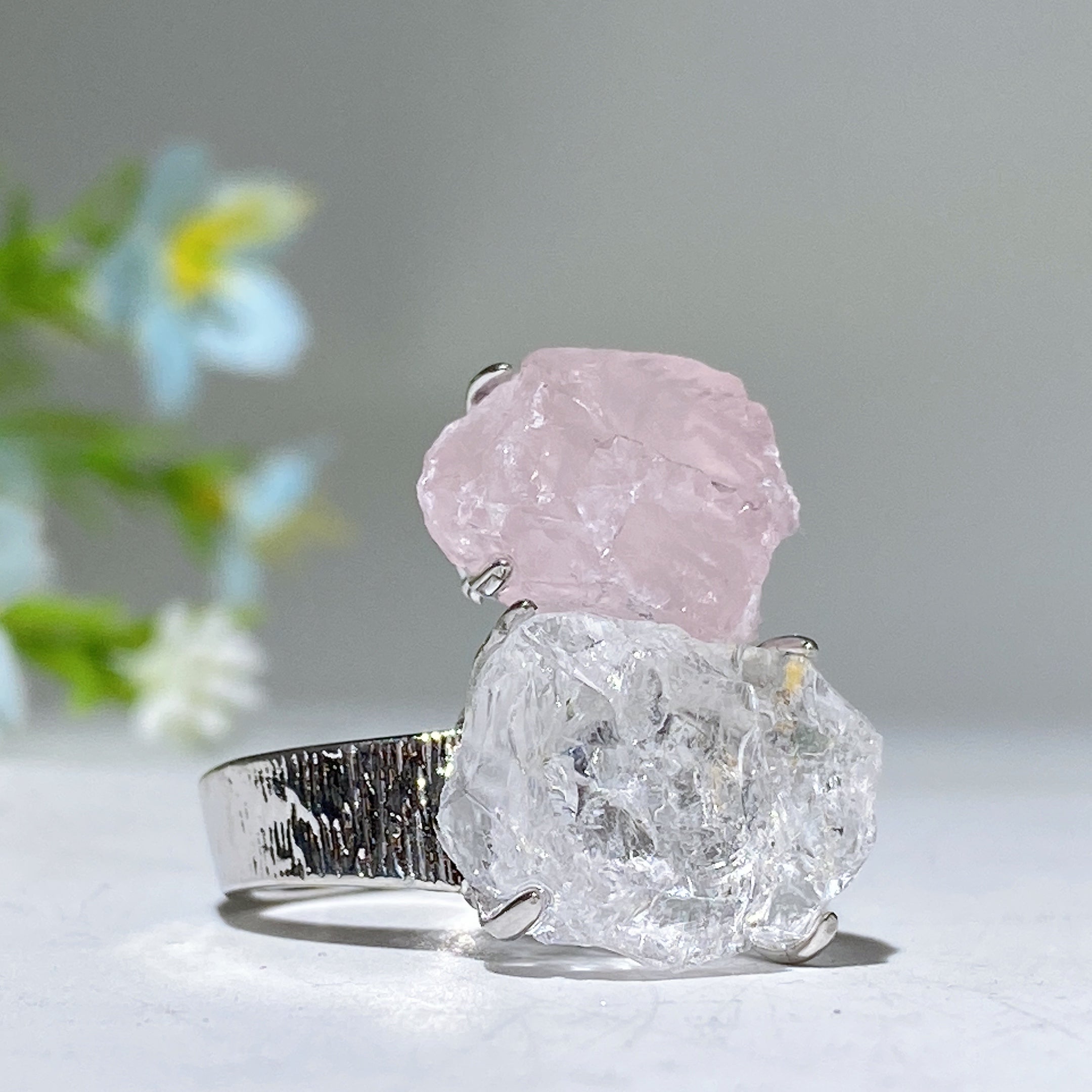 Bague spirituelle réglable en double pierre de cristal brut, énergie de guérison