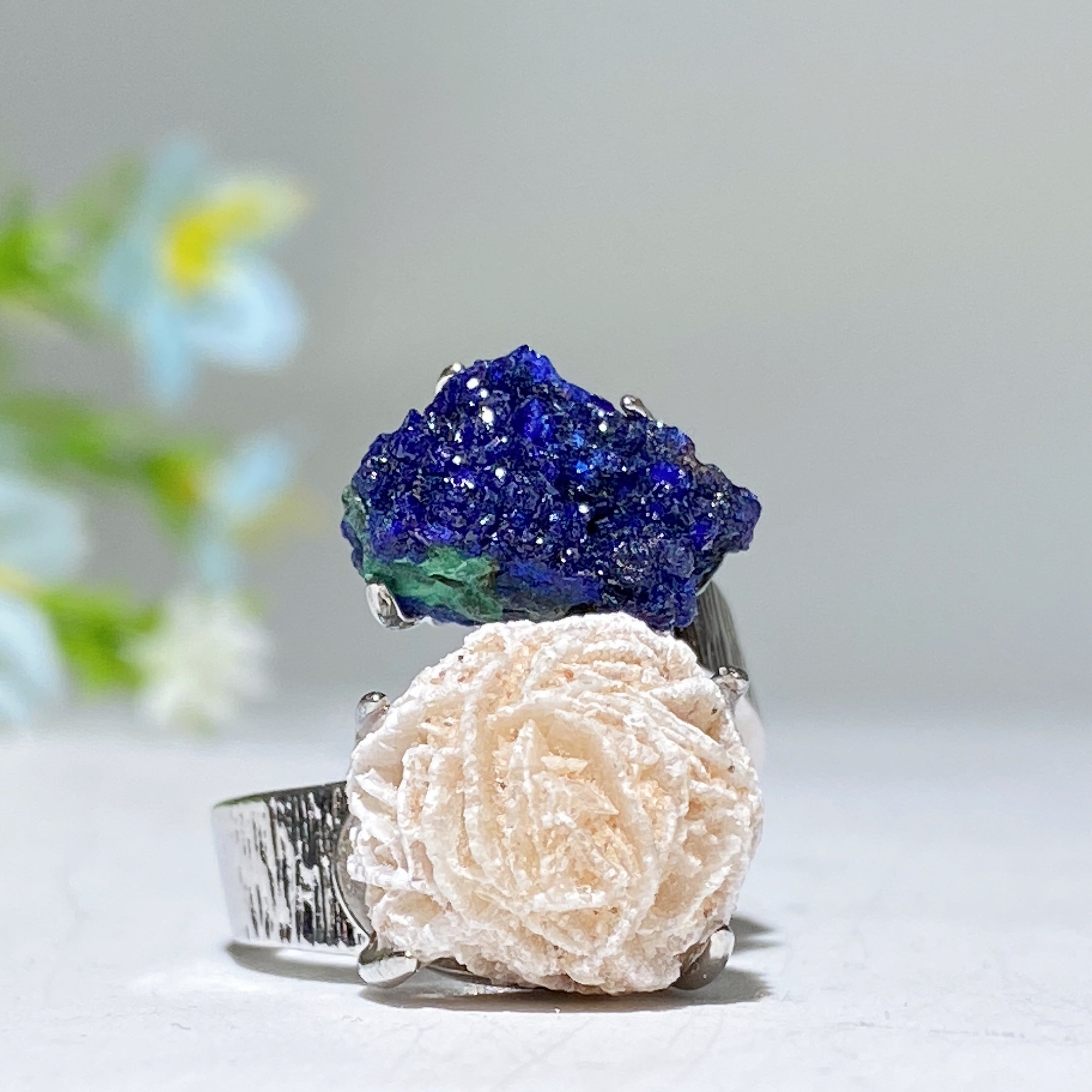 Bague spirituelle réglable en double pierre de cristal brut, énergie de guérison