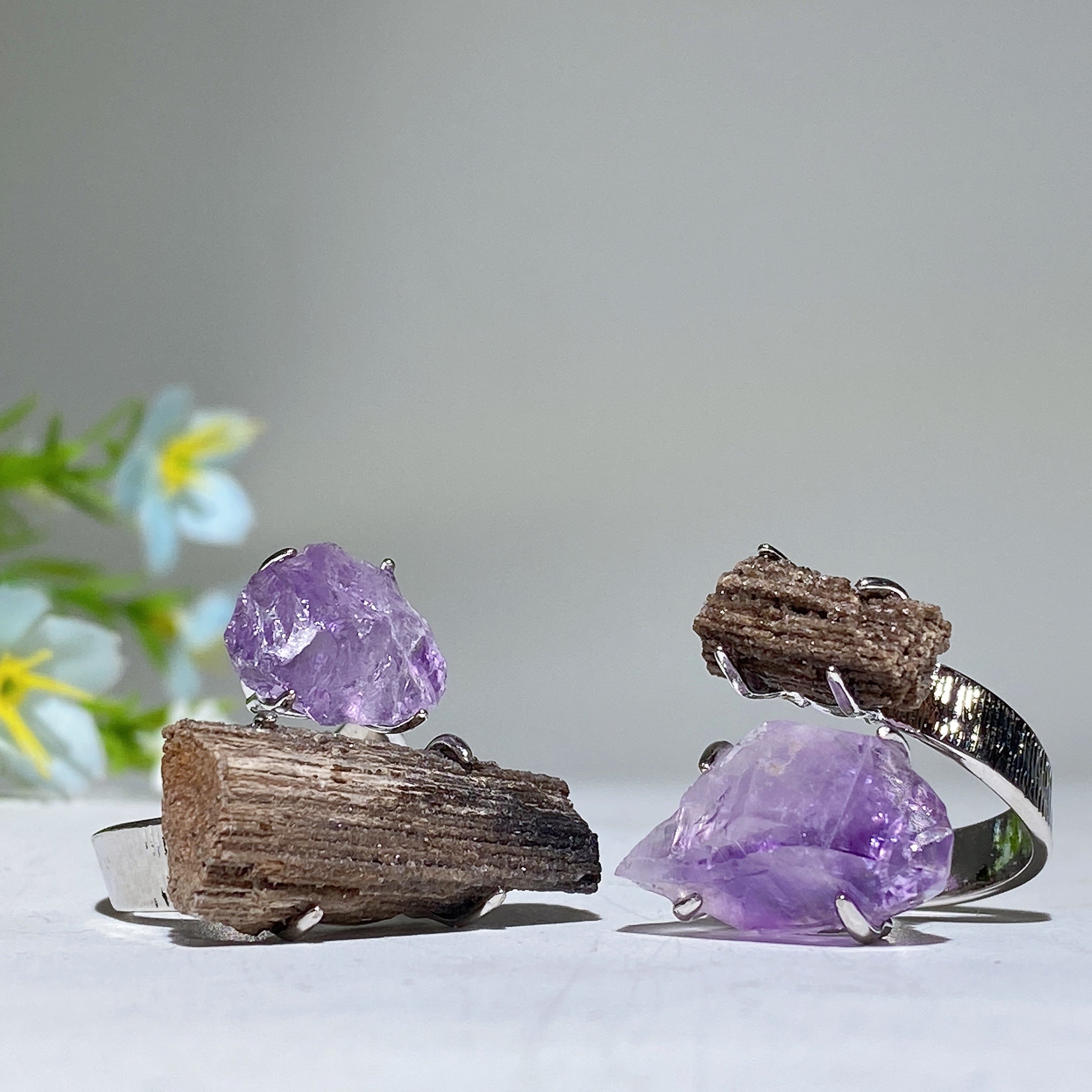 Bague spirituelle réglable en double pierre de cristal brut, énergie de guérison