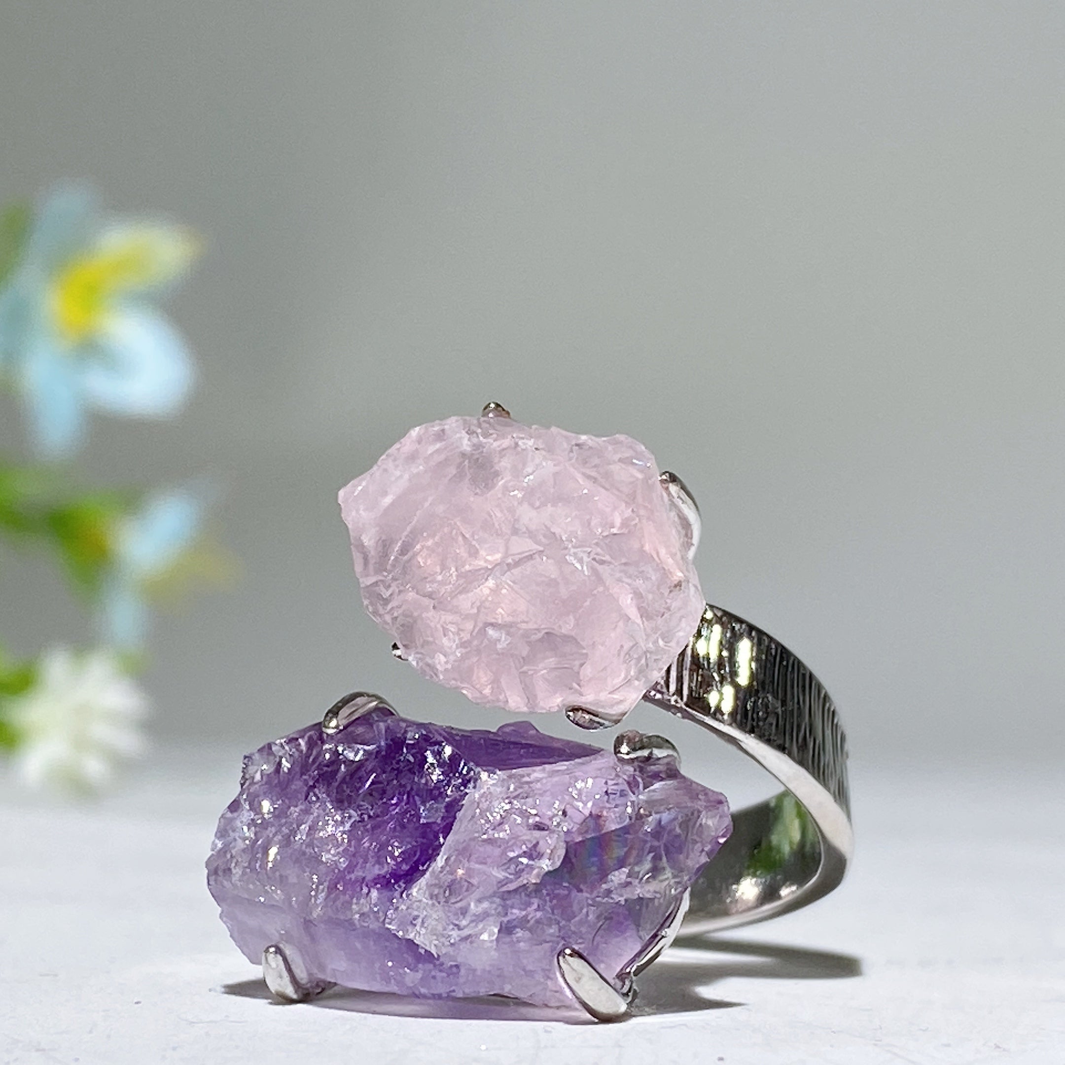 Bague spirituelle réglable en double pierre de cristal brut, énergie de guérison