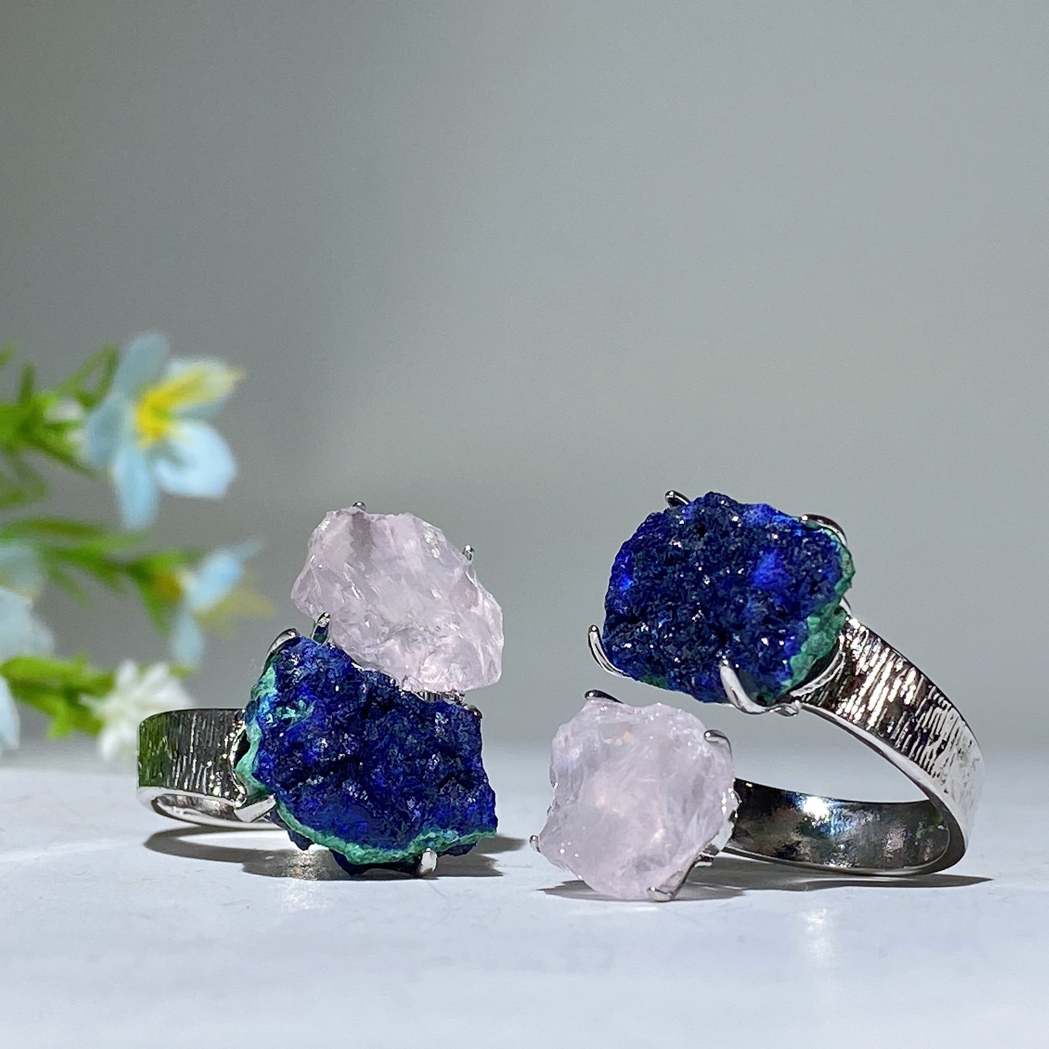 Bague spirituelle réglable en double pierre de cristal brut, énergie de guérison
