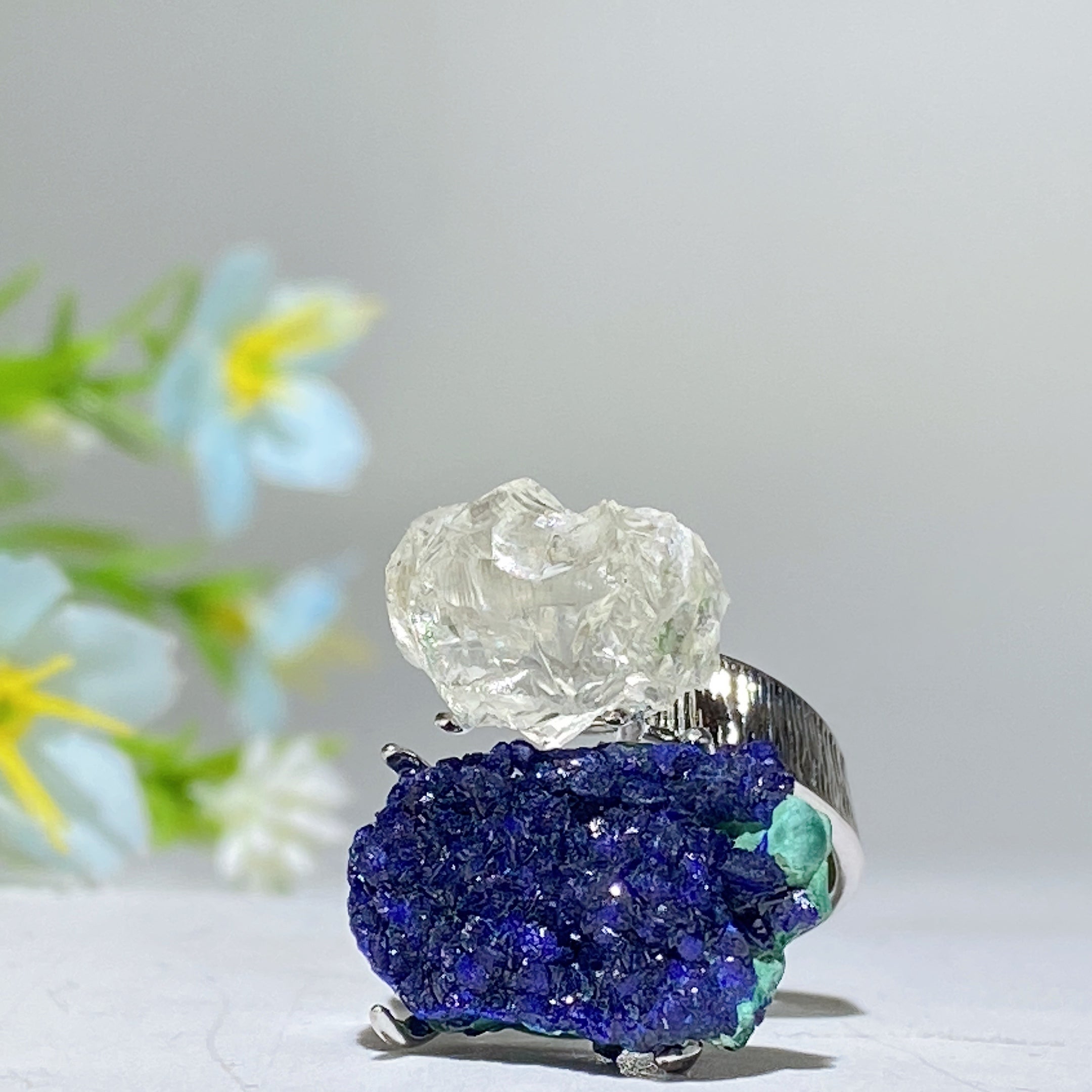 Bague spirituelle réglable en double pierre de cristal brut, énergie de guérison