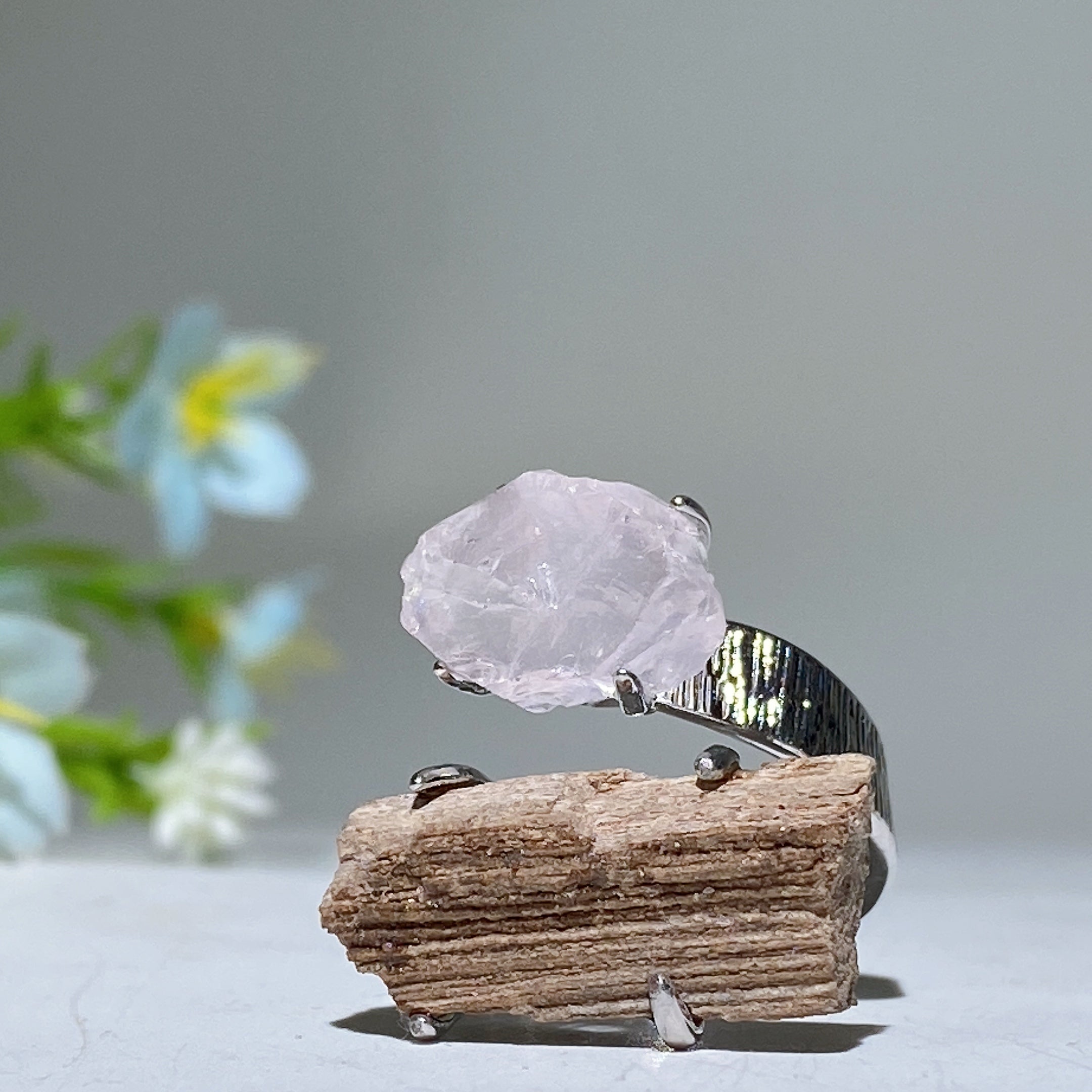 Bague spirituelle réglable en double pierre de cristal brut, énergie de guérison