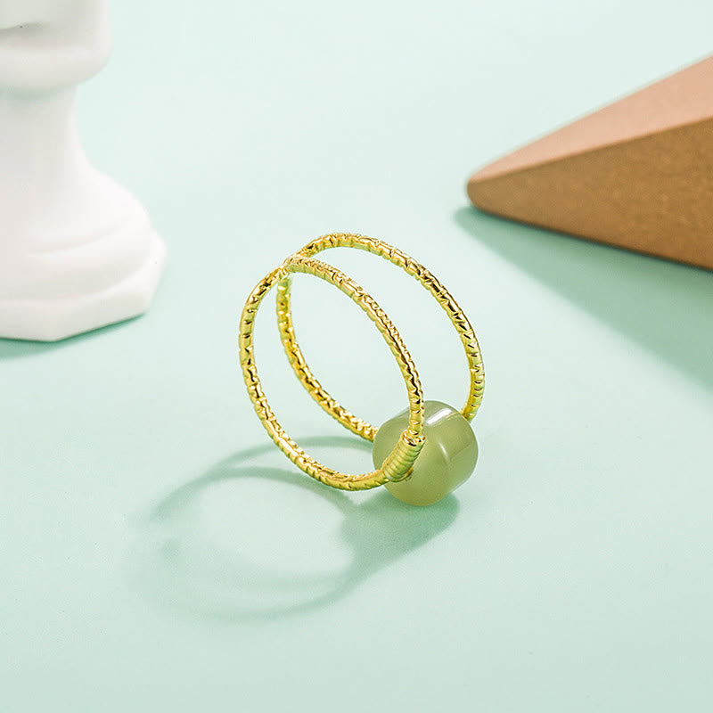 Bague porte-bonheur réglable en cuivre à double couche de perles de jade et de perles