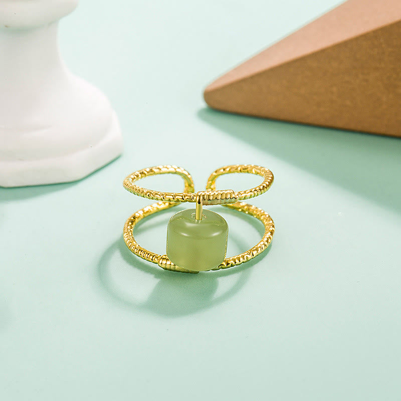 Bague porte-bonheur réglable en cuivre à double couche de perles de jade et de perles