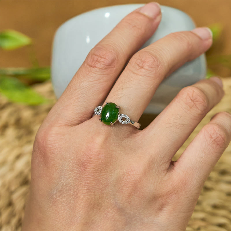 Bague de prospérité réglable en jade 8 x 10 mm avec boucle, or ou argent