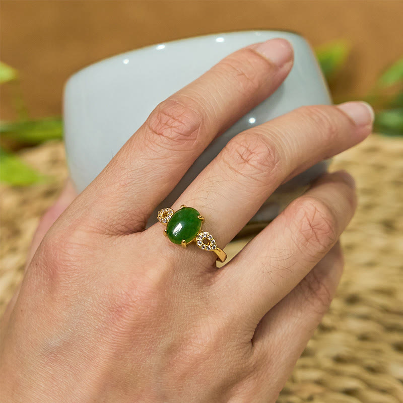 Bague de prospérité réglable en jade 8 x 10 mm avec boucle, or ou argent