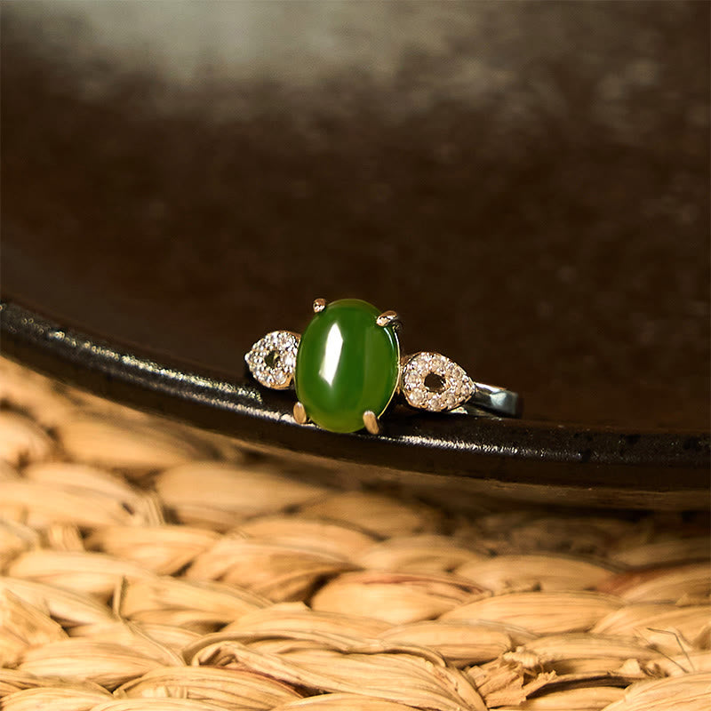 Bague de prospérité réglable en jade 8 x 10 mm avec boucle, or ou argent
