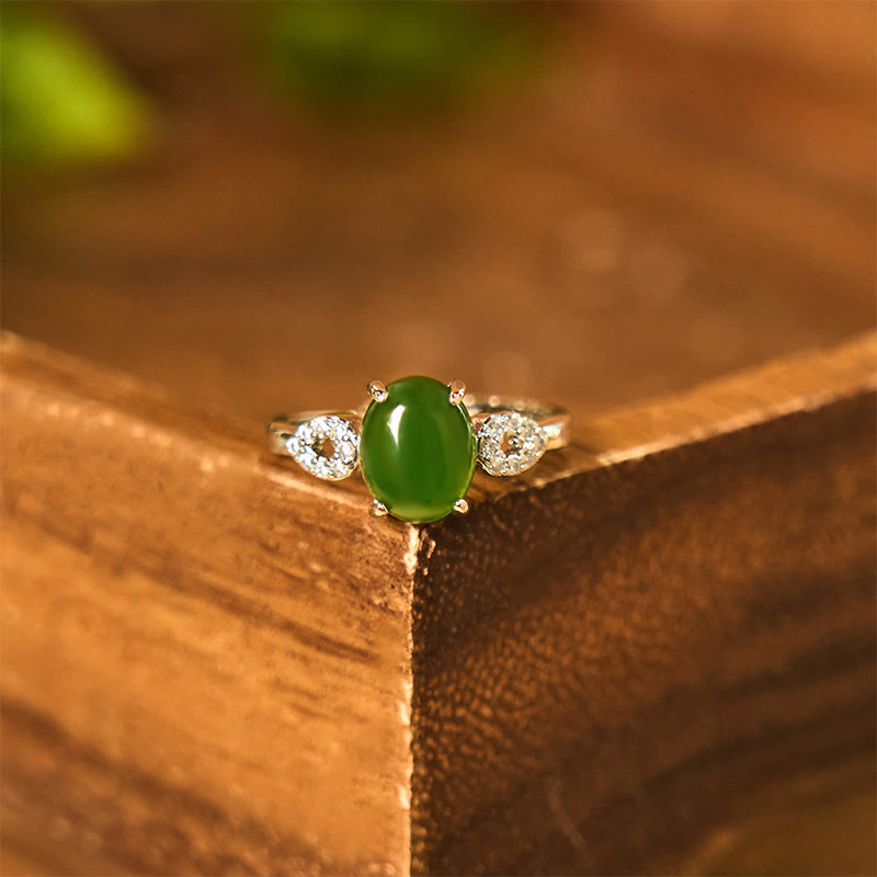 Bague de prospérité réglable en jade 8 x 10 mm avec boucle, or ou argent