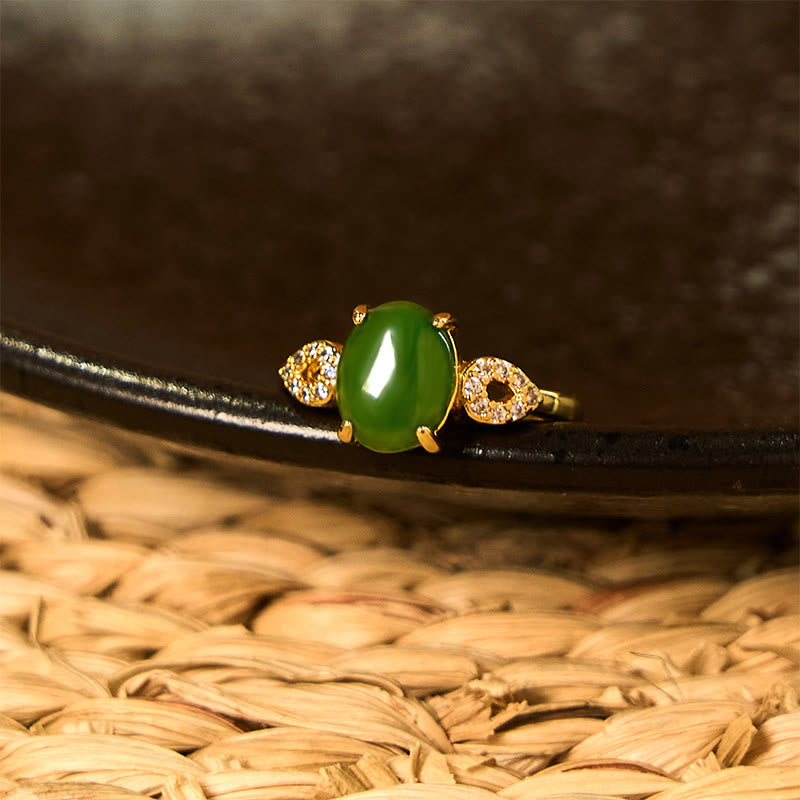 Bague de prospérité réglable en jade 8 x 10 mm avec boucle, or ou argent