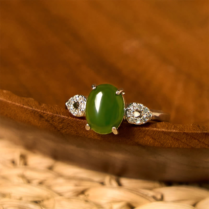 Bague de prospérité réglable en jade 8 x 10 mm avec boucle, or ou argent