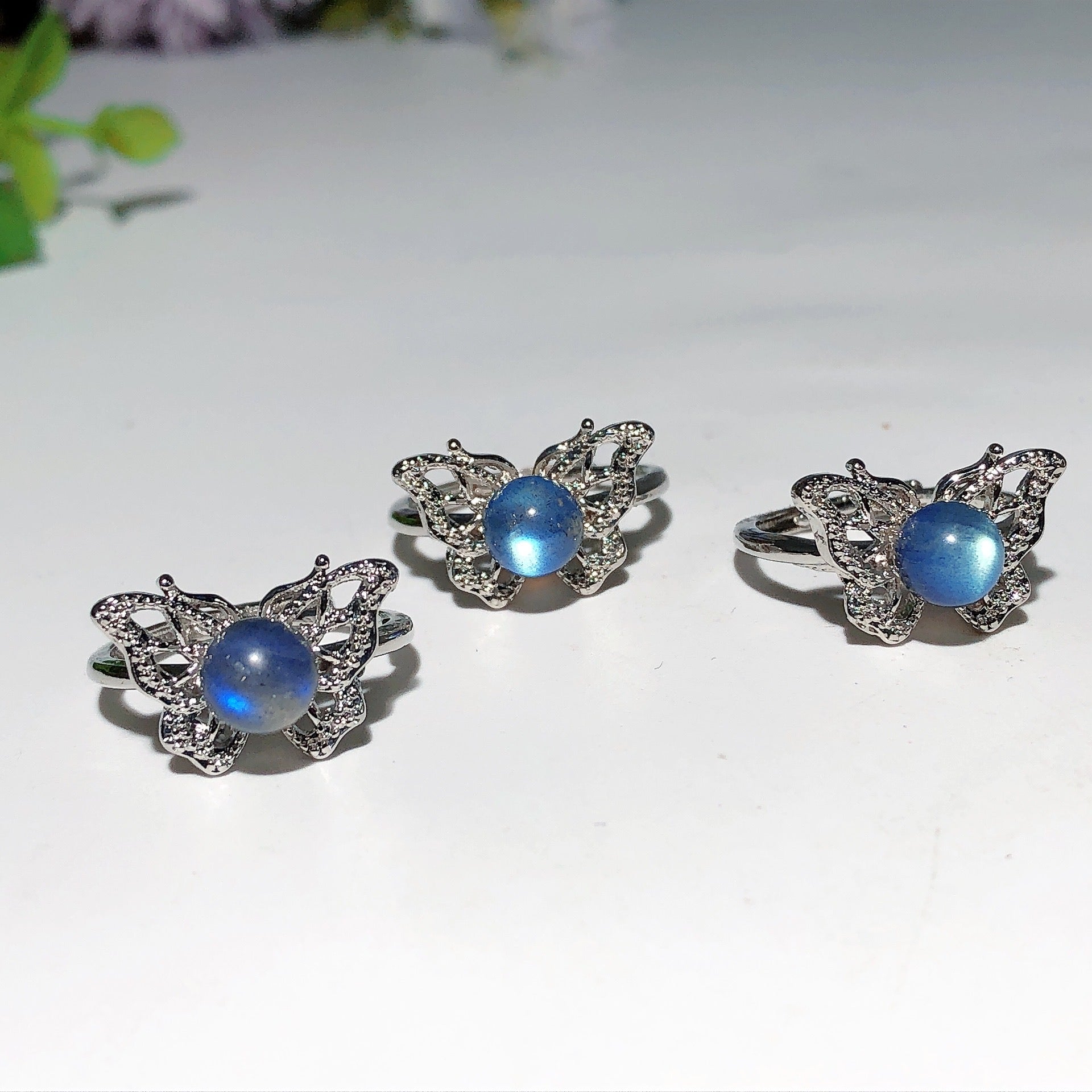 Adjustable Labradorite Moon & Butterfly Healing Ring