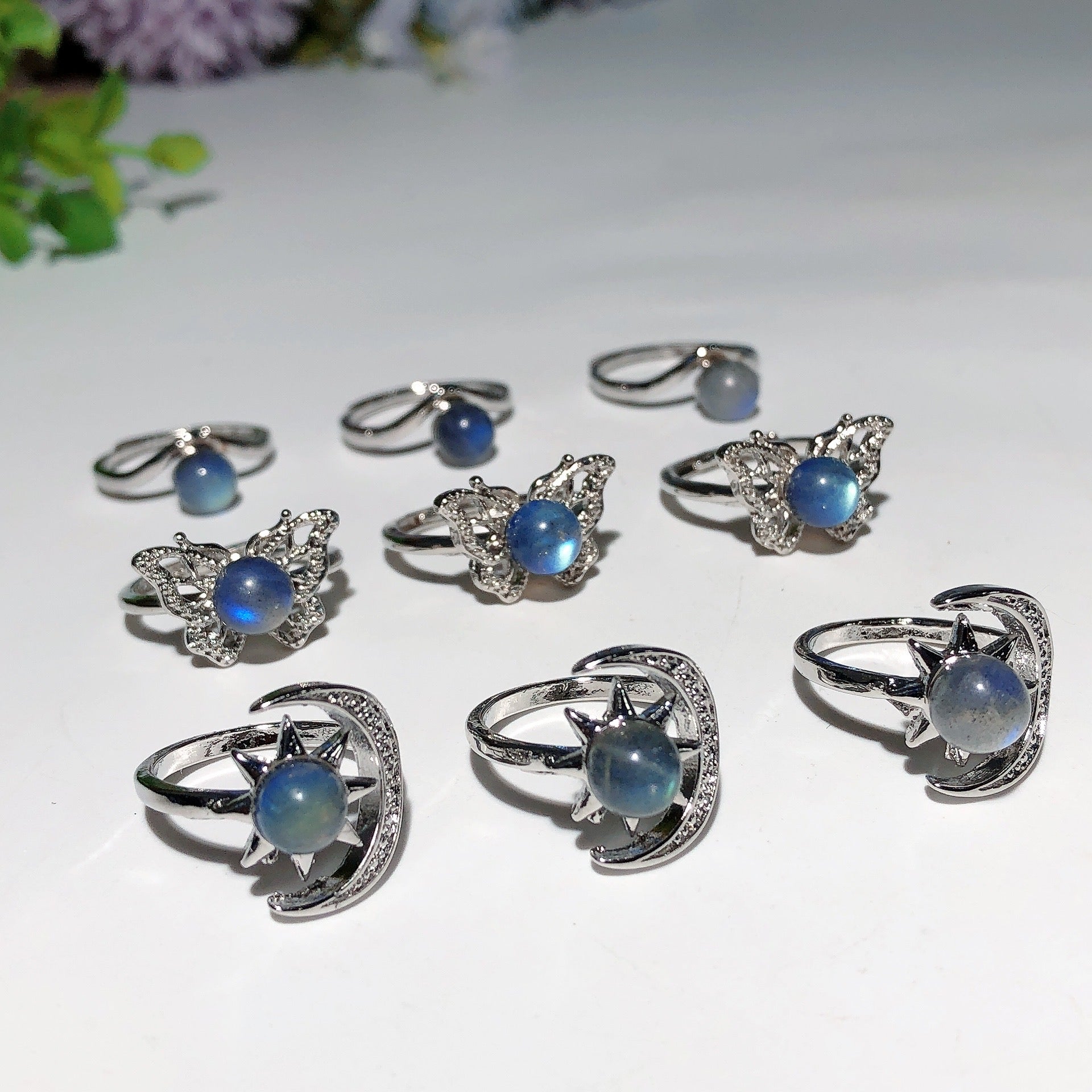Adjustable Labradorite Moon & Butterfly Healing Ring